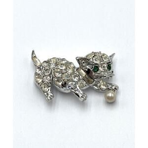 PELL Vintage Brooch Cat Playing Ball Crystals Silver Tone Green Eyes Faux Pearl